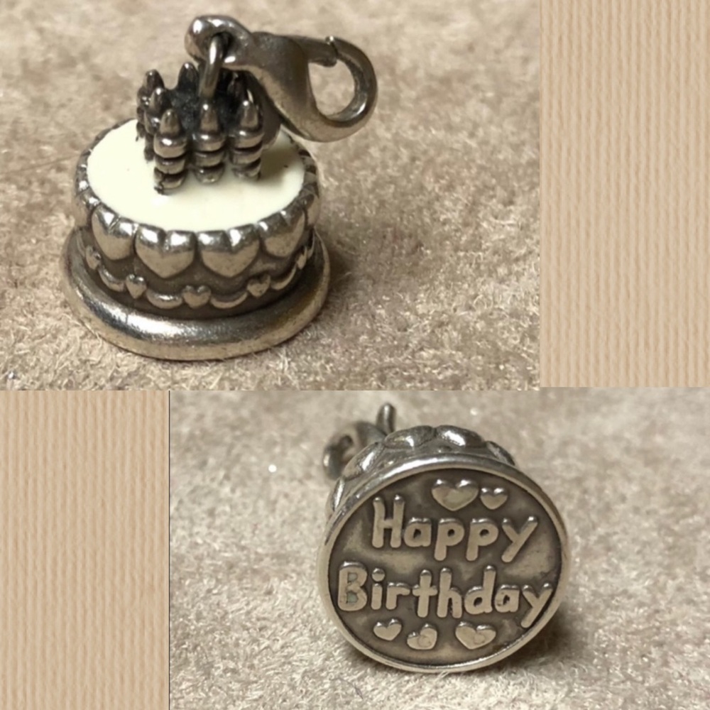 Brighton Happy Birthday Cake Snap charm Clip-on White icing Candles Retired